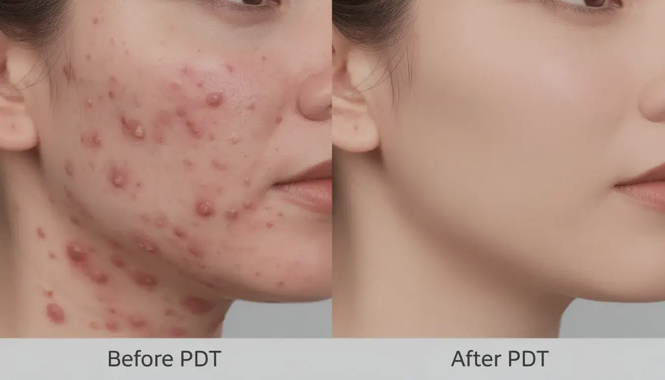 The image shows a before and after comparison of a person's cheek and jawline, highlighting the inflamed acne lesions prior to photodynamic therapy and the clearer, smoother skin achieved following a series of PDT sessions. The treated area demonstrates significant improvement in skin texture and reduction of redness, showcasing the benefits of blue light therapy in managing acne.